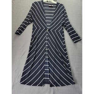 Chicos Travelers Duster Jacket Size M Ink Navy Blue White Slinky Striped Classic